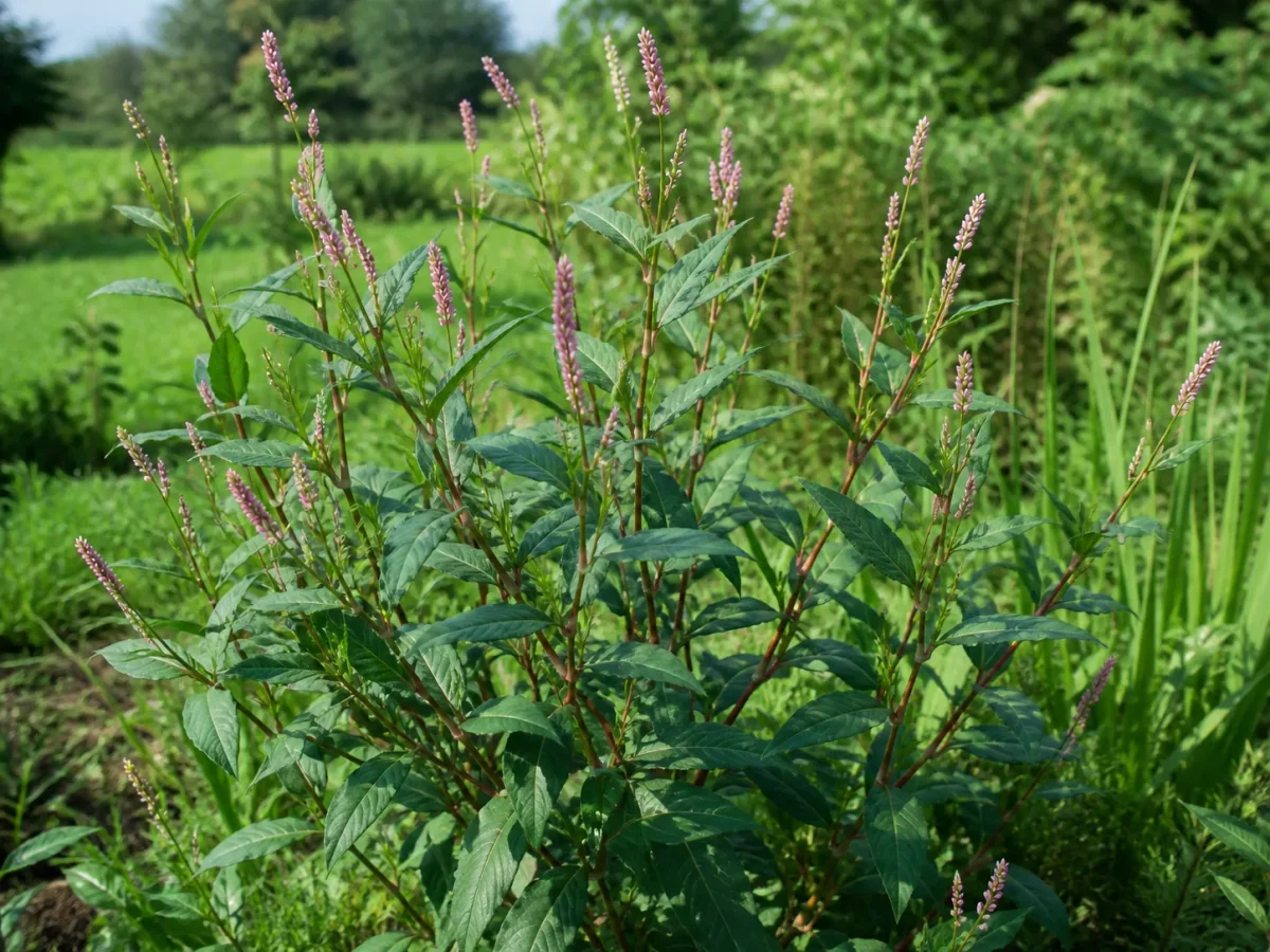 Prancha botânica complementar de Índigo-japonês (Persicaria tinctoria) com caracteres de identificação e ciclo de vida