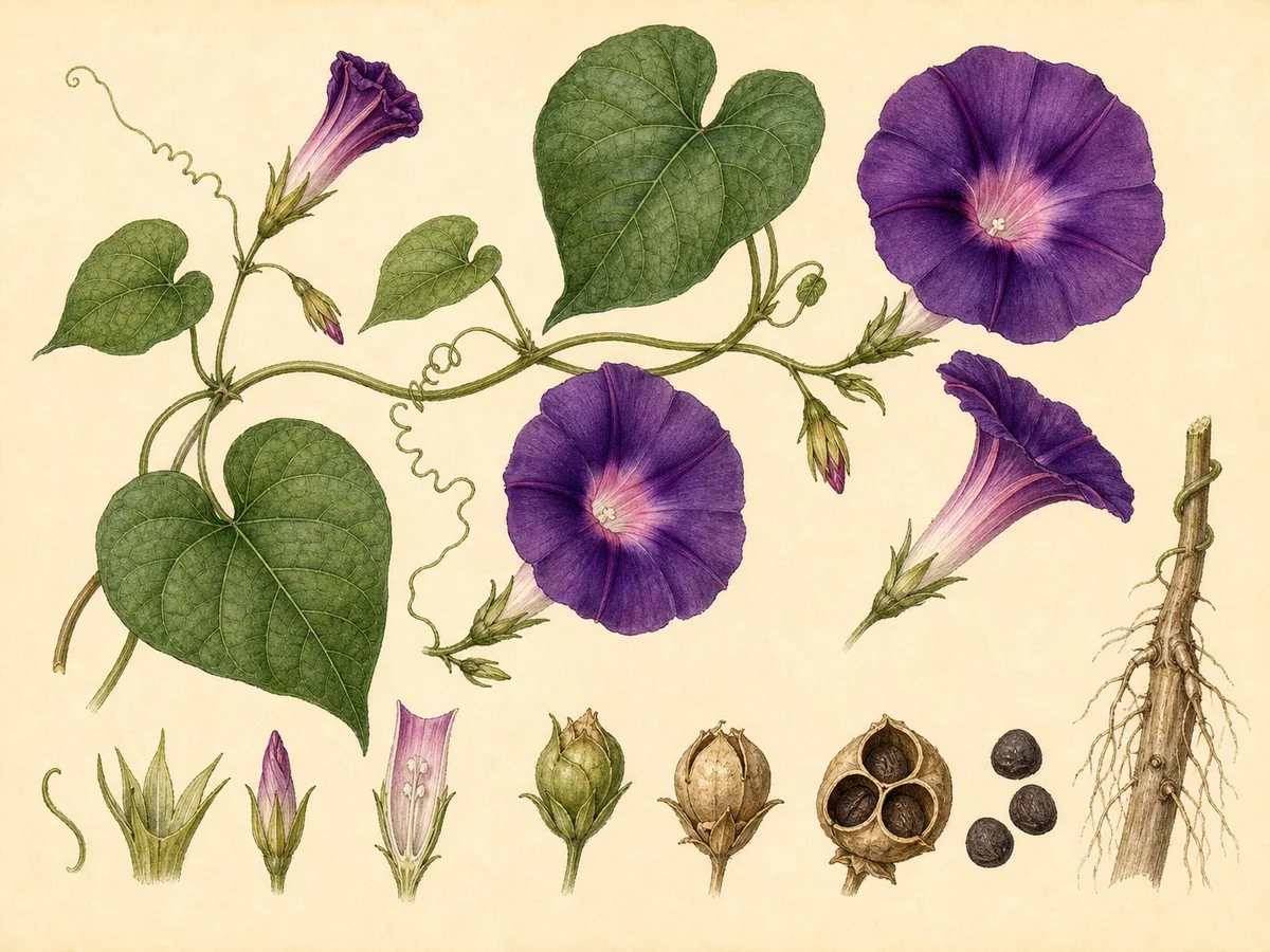 Prancha botânica complementar de Ipomeia-púrpura — não plantar na Madeira (Ipomoea purpurea) com caracteres de identificação e ciclo de vida