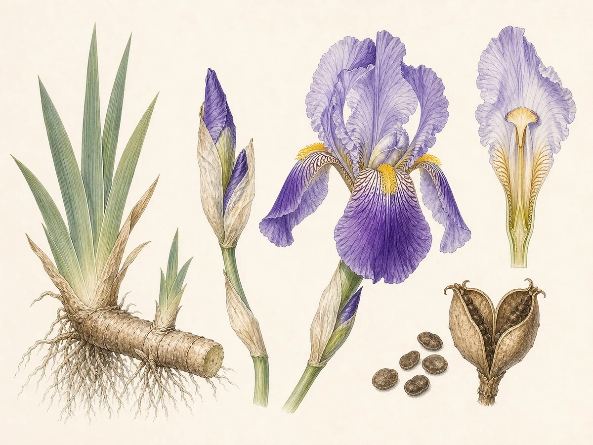Prancha botânica complementar de Íris-barbuda (Iris × germanica) com caracteres de identificação e ciclo de vida