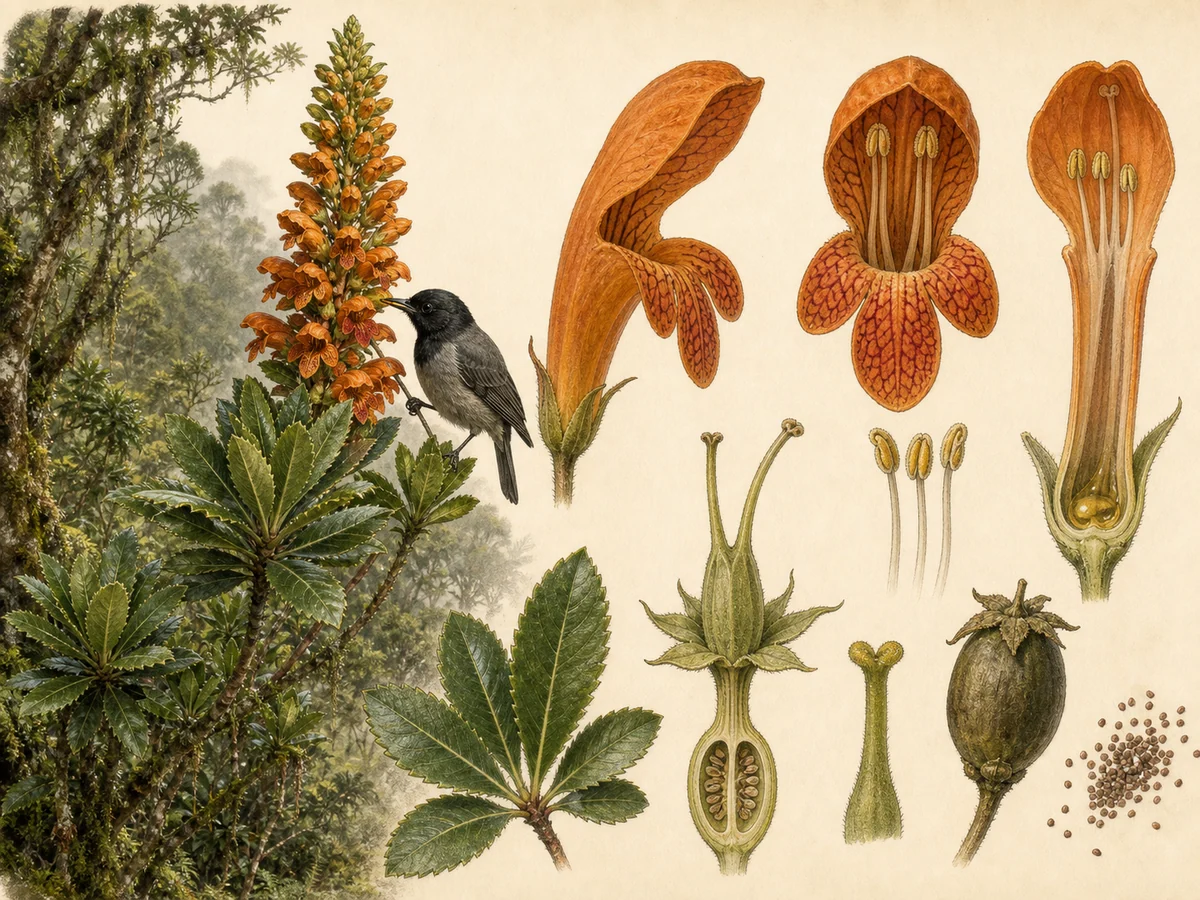 Prancha botânica complementar de Isoplexis-da-Madeira (Digitalis sceptrum) com caracteres de identificação e ciclo de vida