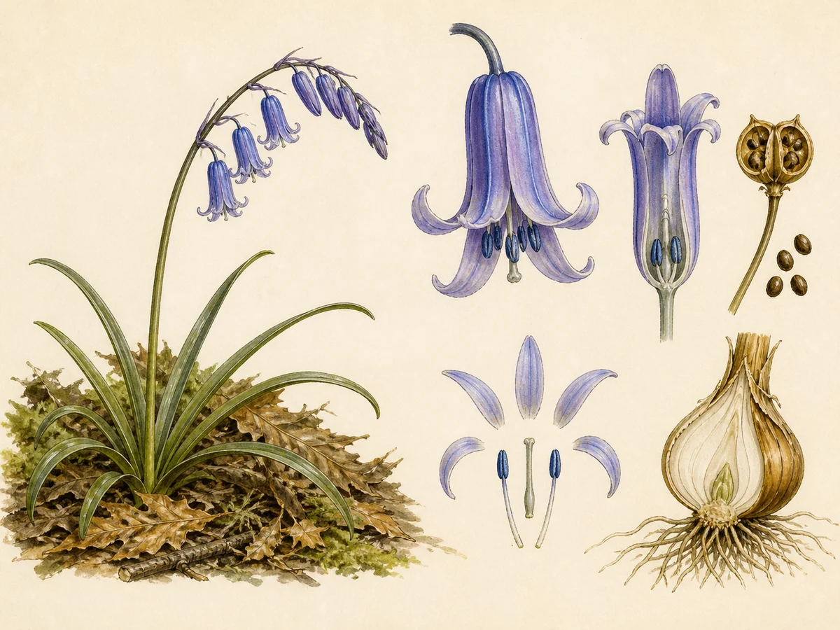 Prancha botânica complementar de Jacinto-dos-bosques (Hyacinthoides non-scripta) com caracteres de identificação e ciclo de vida