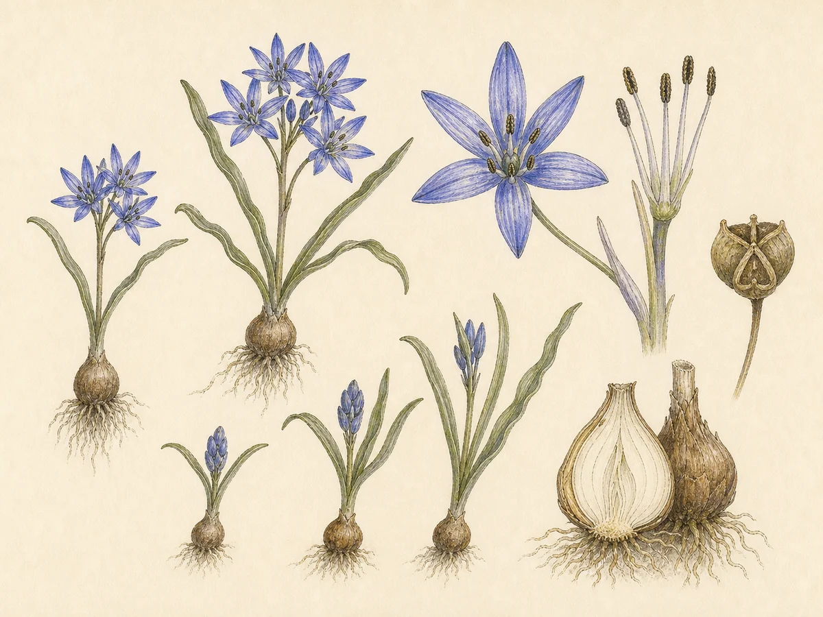 Prancha botânica complementar de Jacinto-dos-charcos (Hyacinthoides vicentina) com caracteres de identificação e ciclo de vida