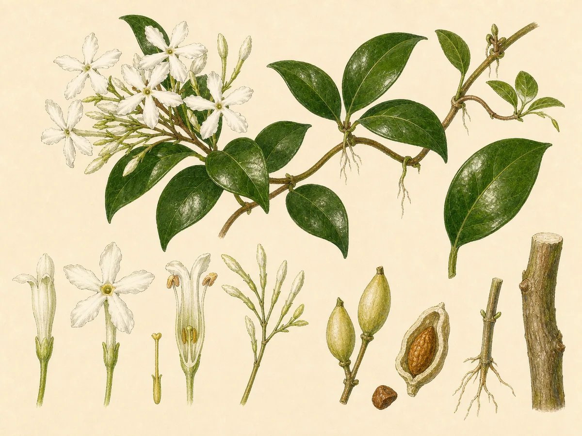 Prancha botânica complementar de Jasmim-estrela (Trachelospermum jasminoides) com caracteres de identificação e ciclo de vida