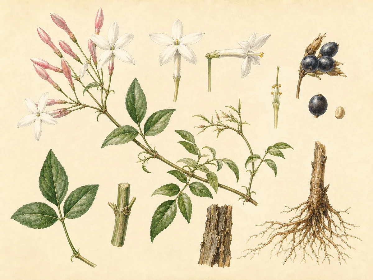Prancha botânica complementar de Jasmim-comum (Jasminum officinale) com caracteres de identificação e ciclo de vida