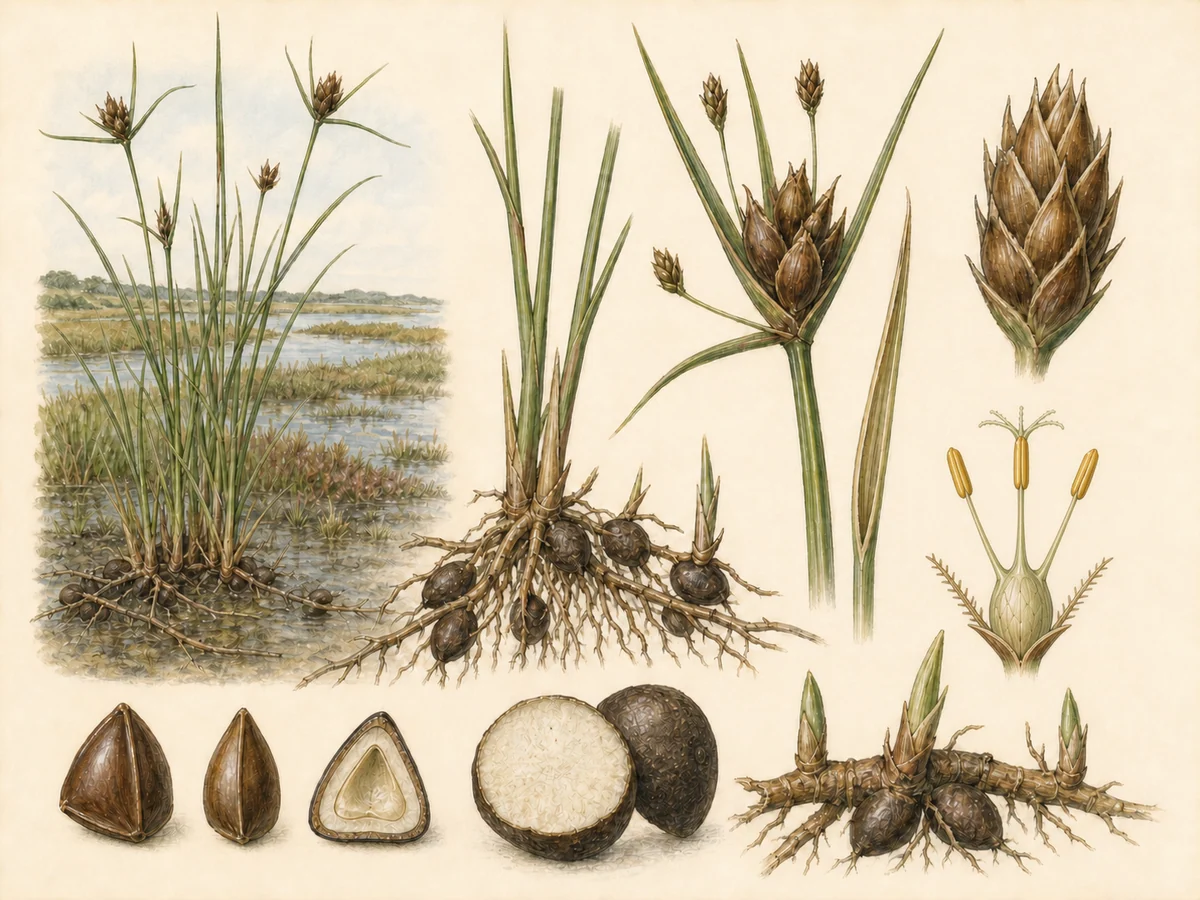 Prancha botânica complementar de Junça-marítima (Bolboschoenus maritimus) com caracteres de identificação e ciclo de vida