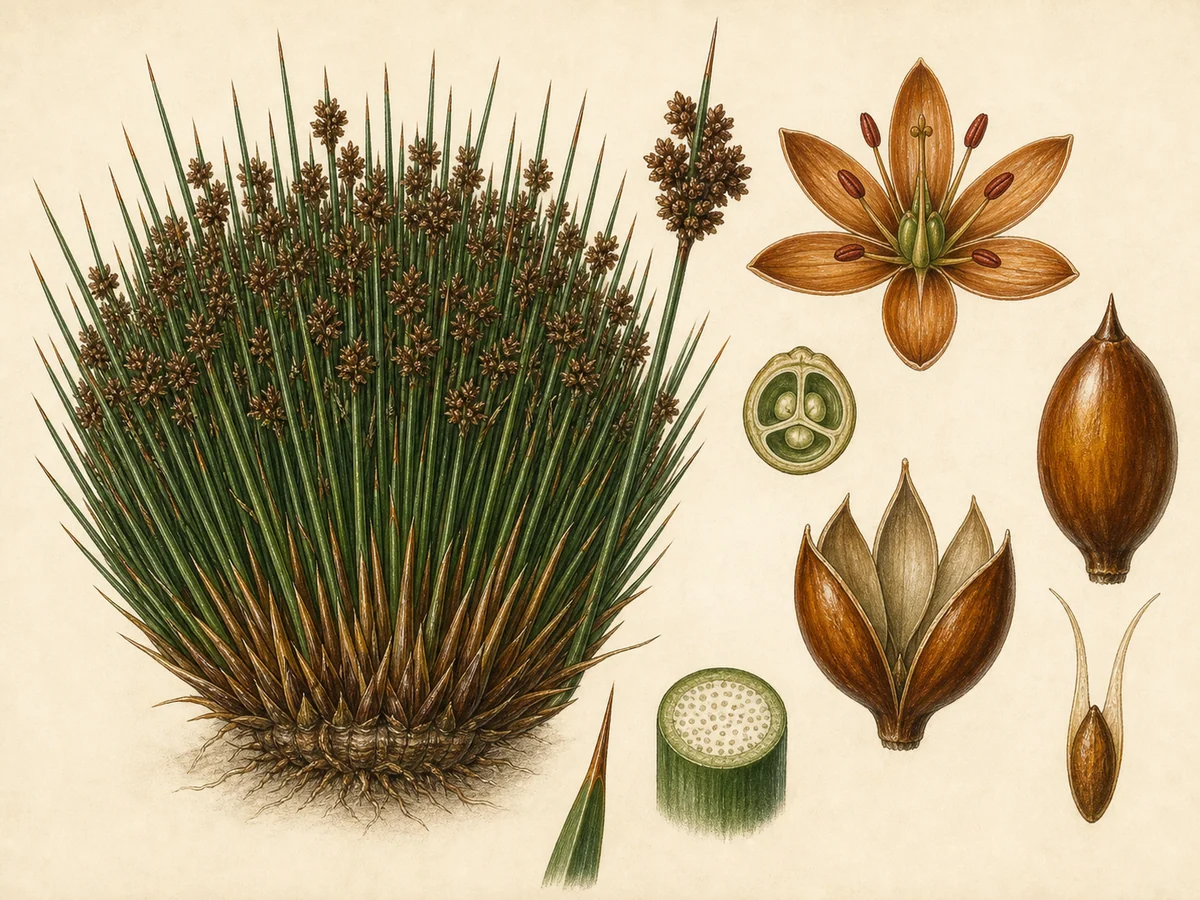 Prancha botânica complementar de Junco-agudo (Juncus acutus) com caracteres de identificação e ciclo de vida