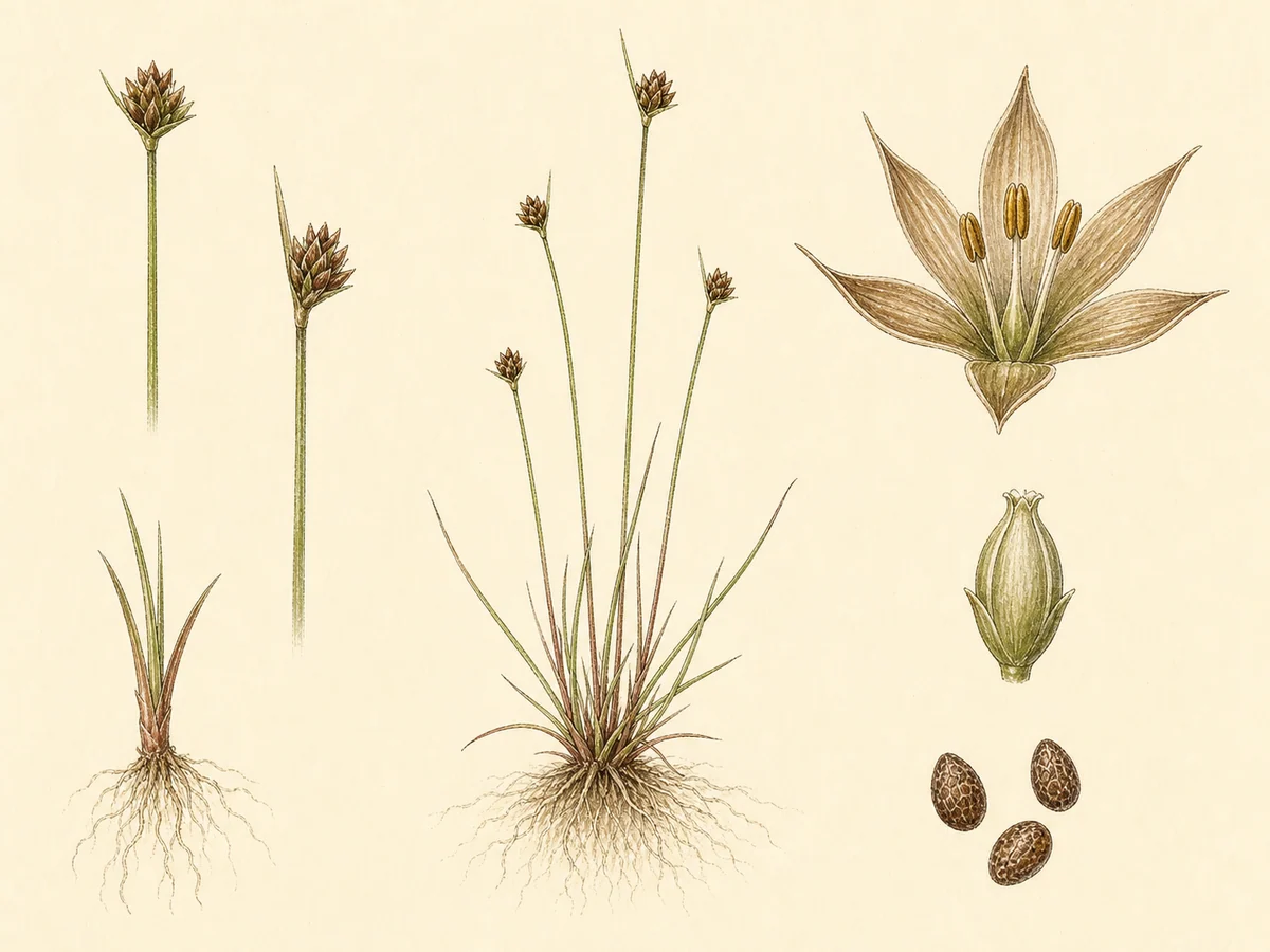 Prancha botânica complementar de Junco-capitado (Juncus capitatus) com caracteres de identificação e ciclo de vida