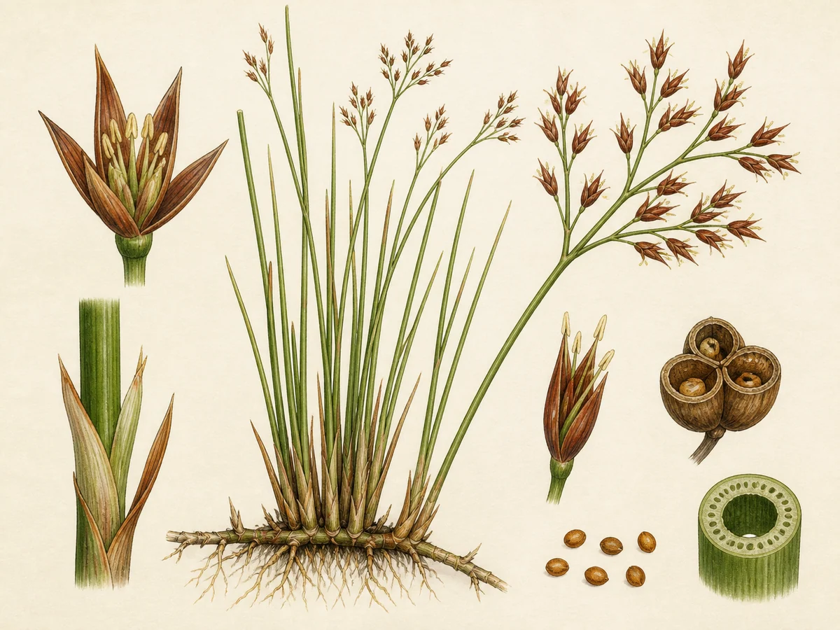 Prancha botânica complementar de Junco-de-flor-aguda (Juncus acutiflorus) com caracteres de identificação e ciclo de vida