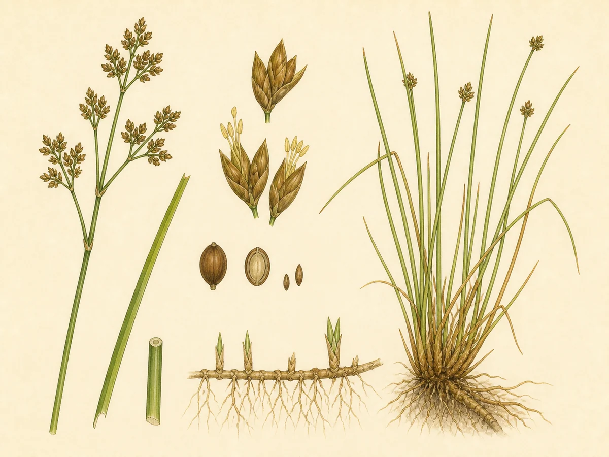 Prancha botânica complementar de Junco-efuso (Juncus effusus) com caracteres de identificação e ciclo de vida