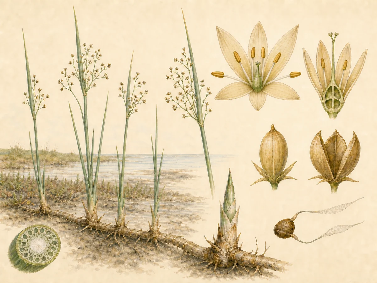 Prancha botânica complementar de Junco-marítimo (Juncus maritimus) com caracteres de identificação e ciclo de vida