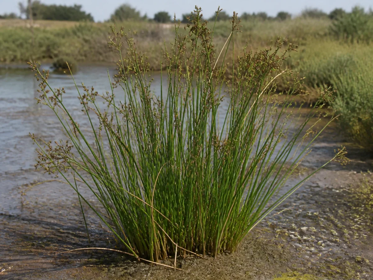 Prancha botânica complementar de Junco-subulado (Juncus subulatus) com caracteres de identificação e ciclo de vida
