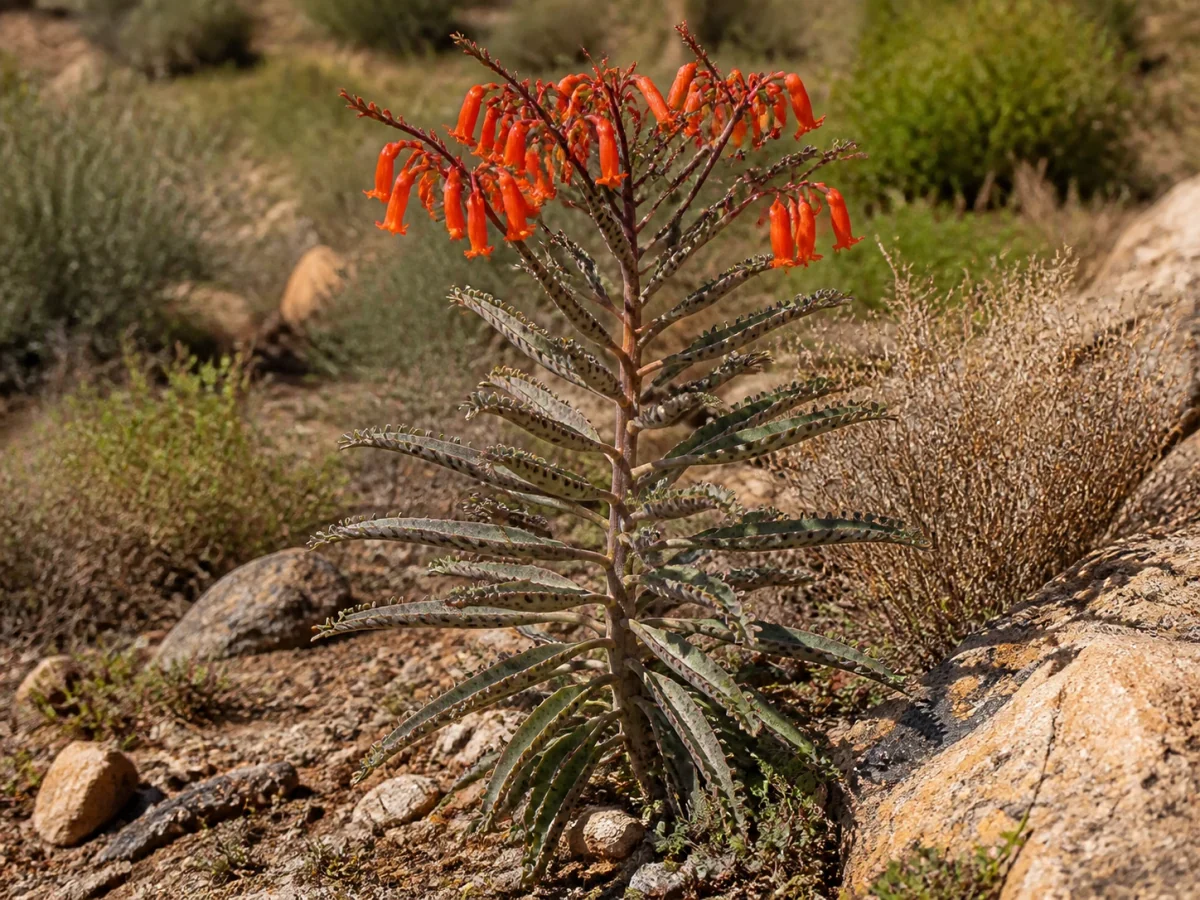 Prancha botânica complementar de Mãe-de-milhões-de-folha-tubular — grafia legal reconciliada (Kalanchoe delagoensis) com caracteres de identificação e ciclo de vida
