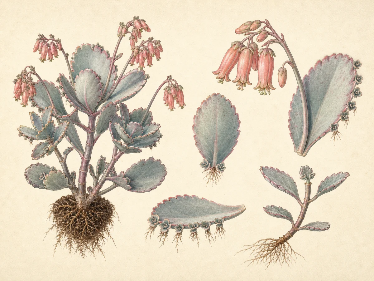 Prancha botânica complementar de Kalanchoe-de-folha-lavanda — exceção madeirense documentada (Kalanchoe fedtschenkoi) com caracteres de identificação e ciclo de vida