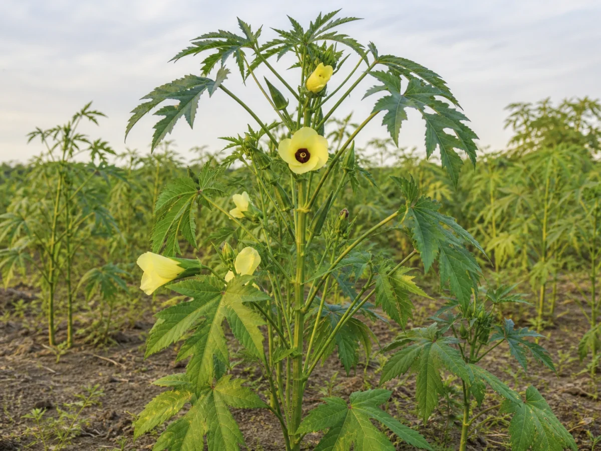 Prancha botânica complementar de Kenaf (Hibiscus cannabinus) com caracteres de identificação e ciclo de vida