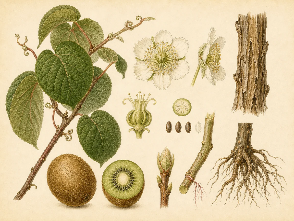 Prancha botânica complementar de Kiwi (Actinidia deliciosa) com caracteres de identificação e ciclo de vida