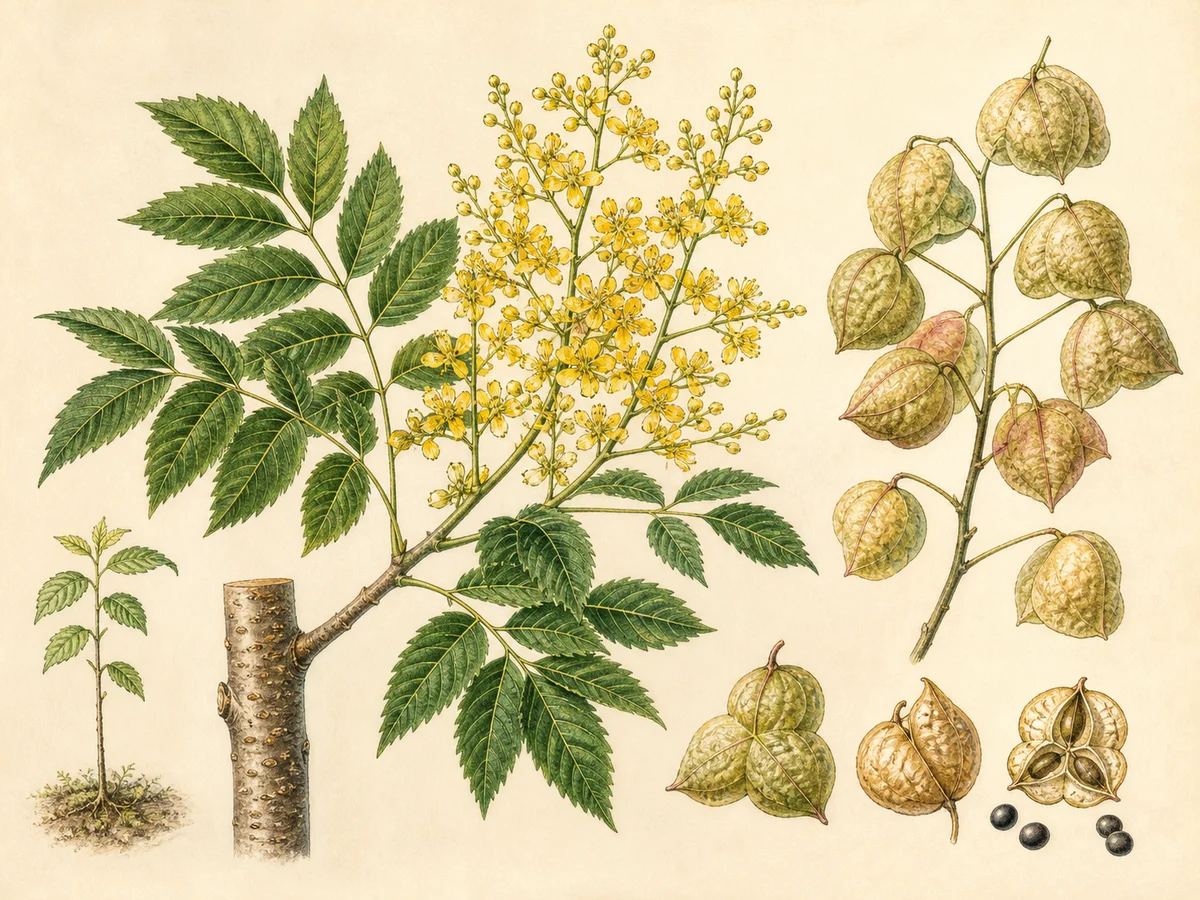 Prancha botânica complementar de Koelreutéria (Koelreuteria paniculata) com caracteres de identificação e ciclo de vida