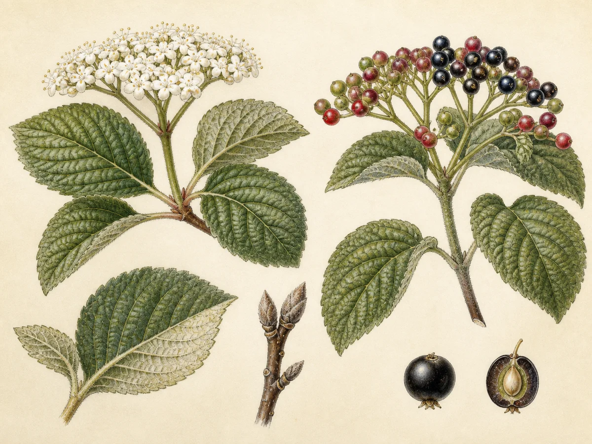 Prancha botânica complementar de Lantana-arbórea (Viburnum lantana) com caracteres de identificação e ciclo de vida