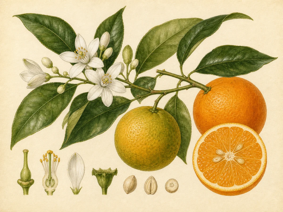 Prancha botânica complementar de Laranjeira ‘De Amares’ (Citrus sinensis (L.) Osbeck ‘De Amares’) com caracteres de identificação e ciclo de vida