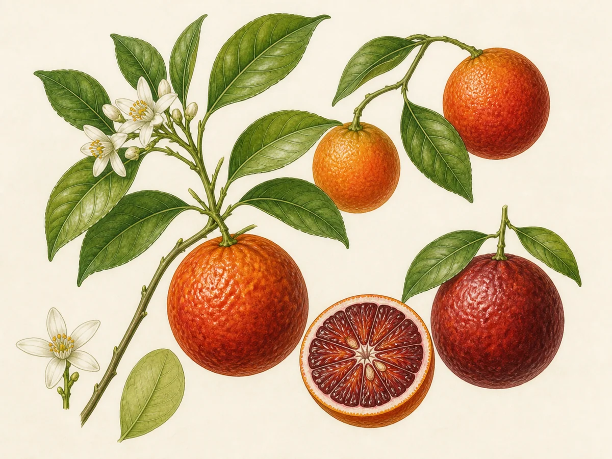 Prancha botânica complementar de Laranjeira ‘Sanguínea’ (Citrus sinensis (L.) Osbeck ‘Sanguínea’) com caracteres de identificação e ciclo de vida