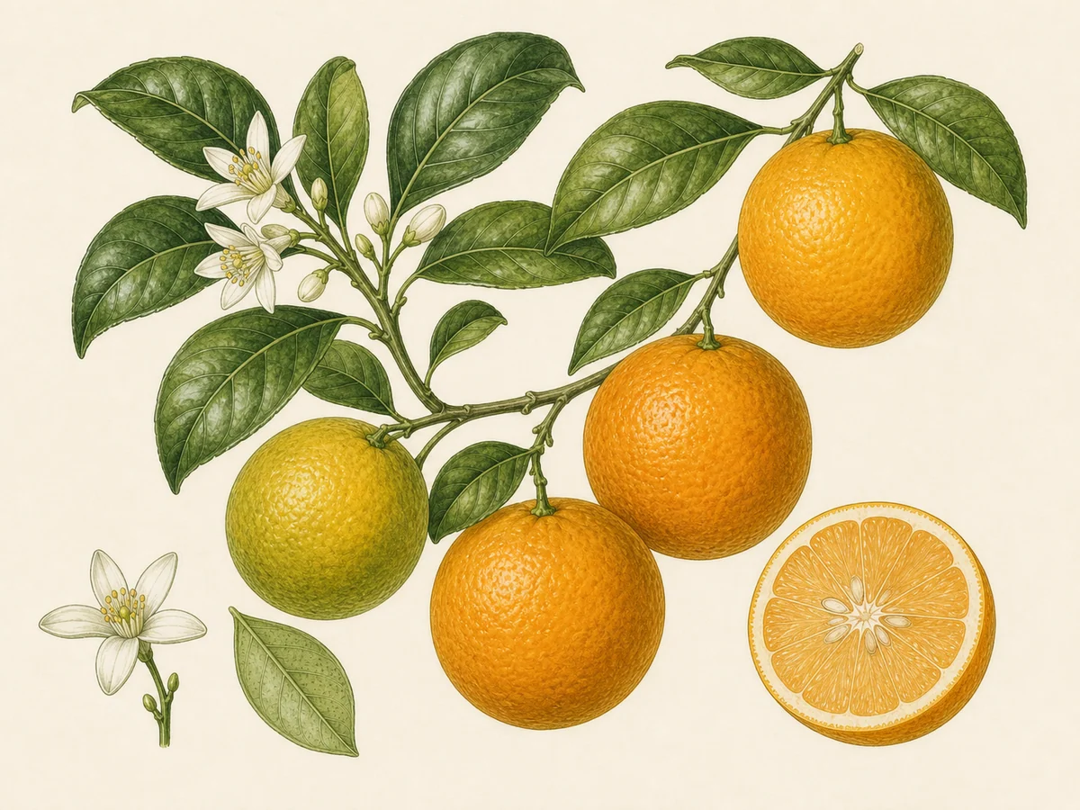 Prancha botânica complementar de Laranjeira ‘Selecta’ (Citrus sinensis (L.) Osbeck ‘Selecta’) com caracteres de identificação e ciclo de vida