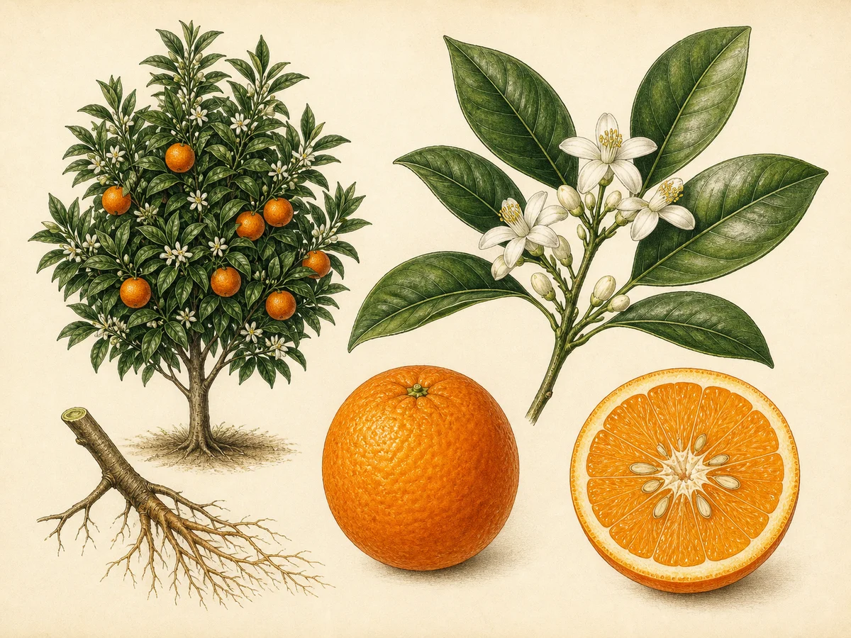 Prancha botânica complementar de Laranjeira D. João (Citrus sinensis 'D. João') com caracteres de identificação e ciclo de vida