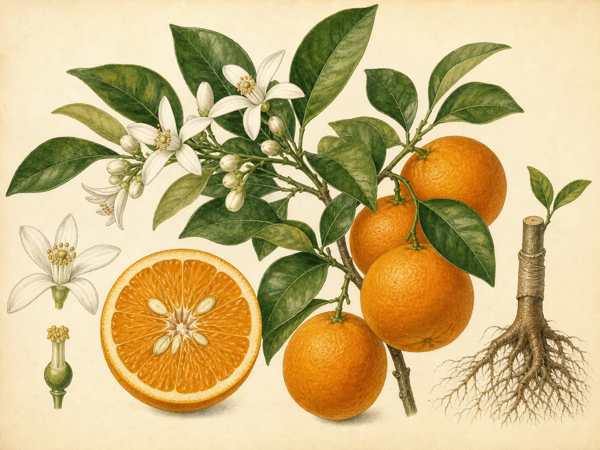 Prancha botânica complementar de Laranjeira Navelina (Citrus sinensis 'Navelina') com caracteres de identificação e ciclo de vida