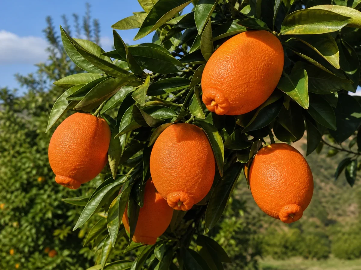 Prancha botânica complementar de Laranjeira Newhall (Citrus sinensis 'Newhall') com caracteres de identificação e ciclo de vida