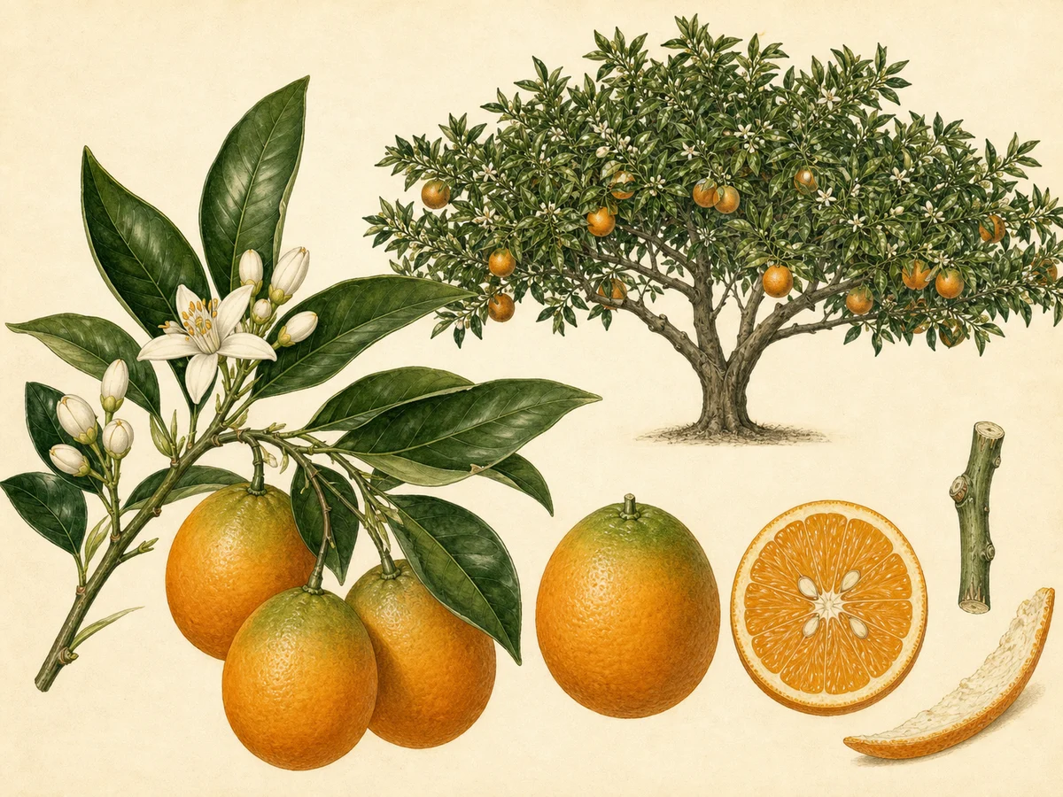 Prancha botânica complementar de Laranjeira Valencia Late (Citrus sinensis 'Valencia Late') com caracteres de identificação e ciclo de vida