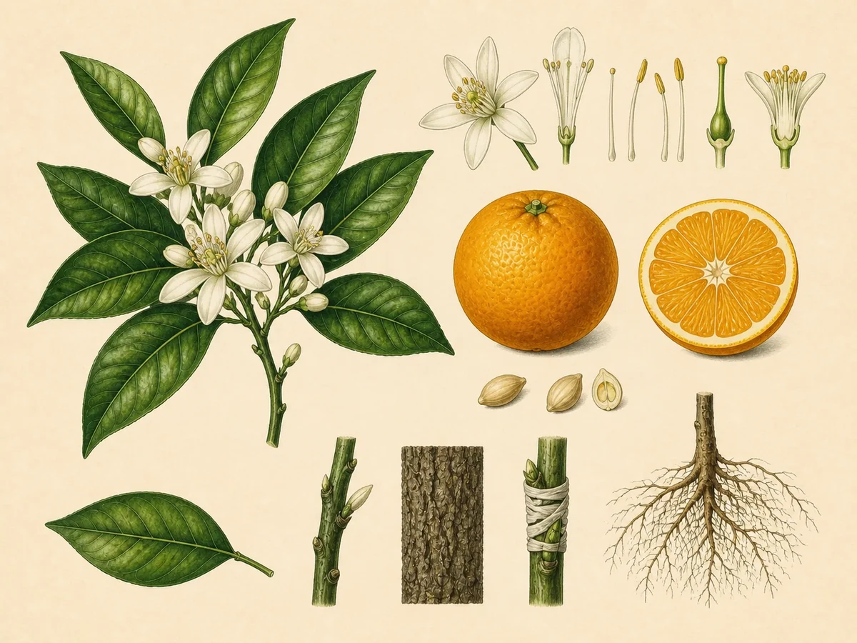 Prancha botânica complementar de Laranjeira (Citrus × sinensis) com caracteres de identificação e ciclo de vida