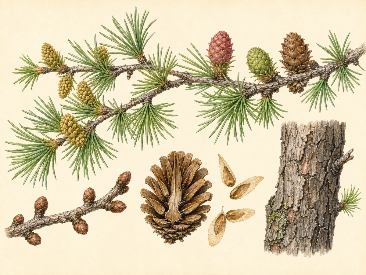 Prancha botânica complementar de Lárice-americano (Larix laricina) com caracteres de identificação e ciclo de vida
