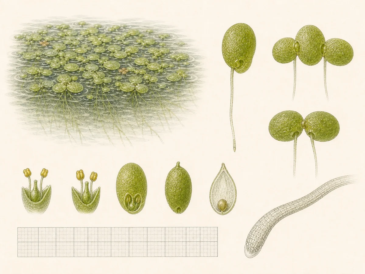 Prancha botânica complementar de Lentilha-de-água (Lemna minor) com caracteres de identificação e ciclo de vida
