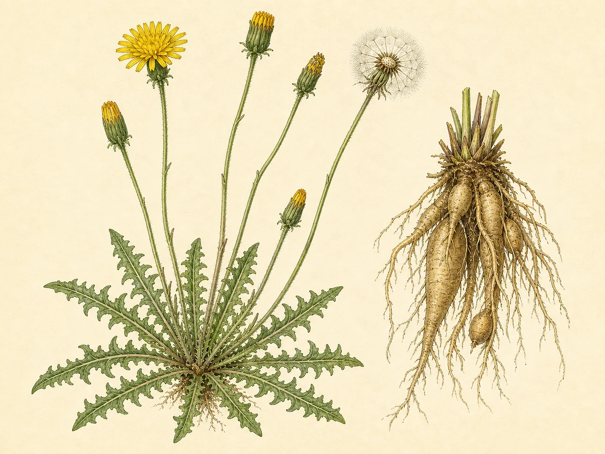 Prancha botânica complementar de Leontodon-tuberoso (Leontodon tuberosus) com caracteres de identificação e ciclo de vida