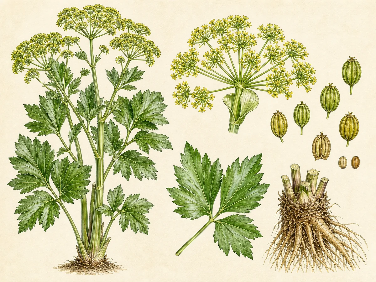 Prancha botânica complementar de Levístico (Levisticum officinale) com caracteres de identificação e ciclo de vida