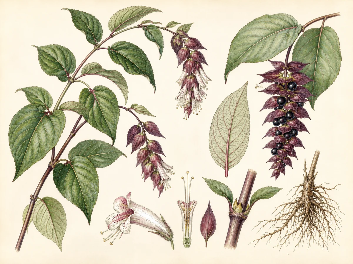 Prancha botânica complementar de Leycestéria — não plantar na Madeira (Leycesteria formosa) com caracteres de identificação e ciclo de vida