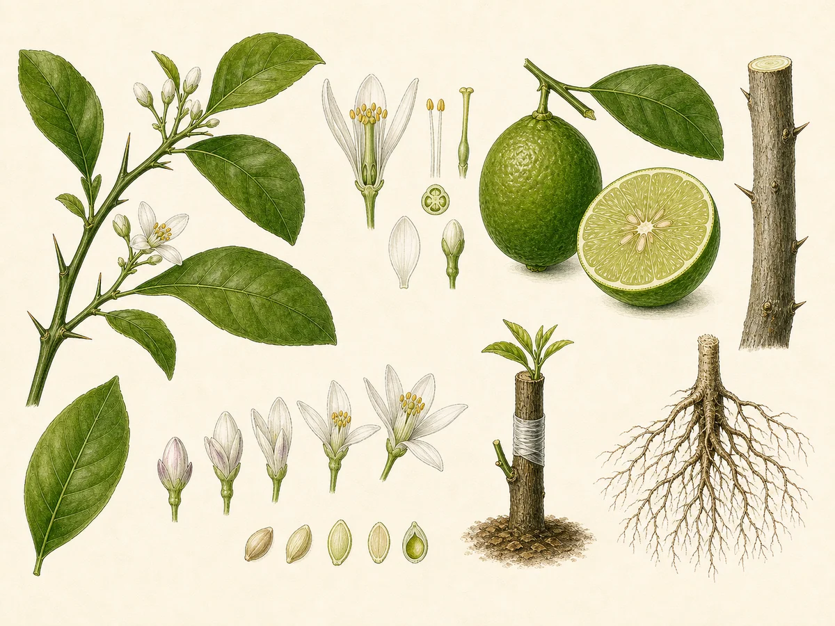 Prancha botânica complementar de Limeira (Citrus × aurantiifolia) com caracteres de identificação e ciclo de vida