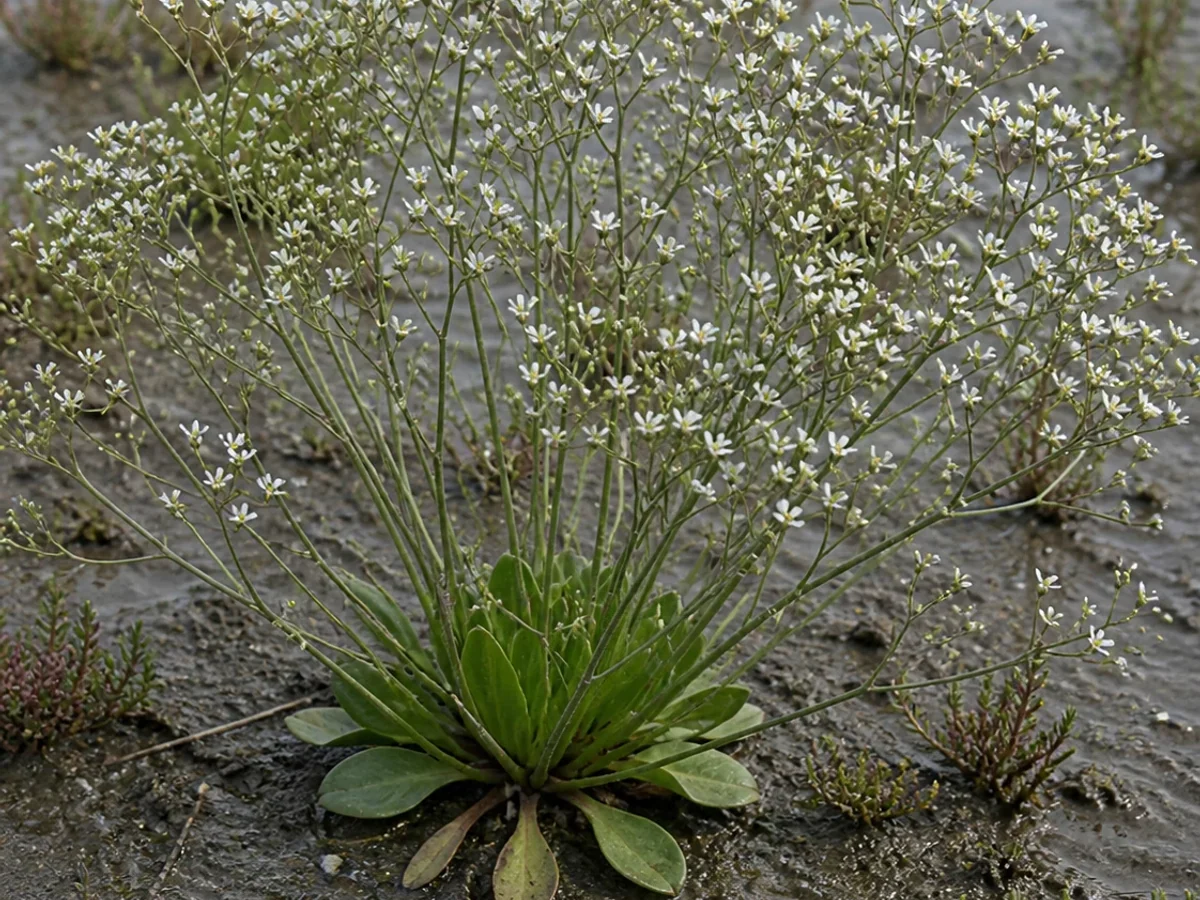 Prancha botânica complementar de Limónio-branco (Limonium diffusum) com caracteres de identificação e ciclo de vida
