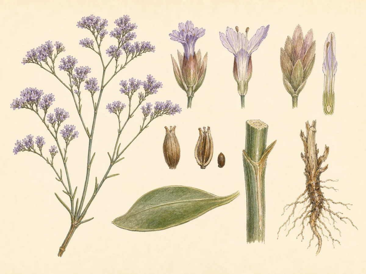 Prancha botânica complementar de Limónio-dos-sapais (Limonium vulgare) com caracteres de identificação e ciclo de vida