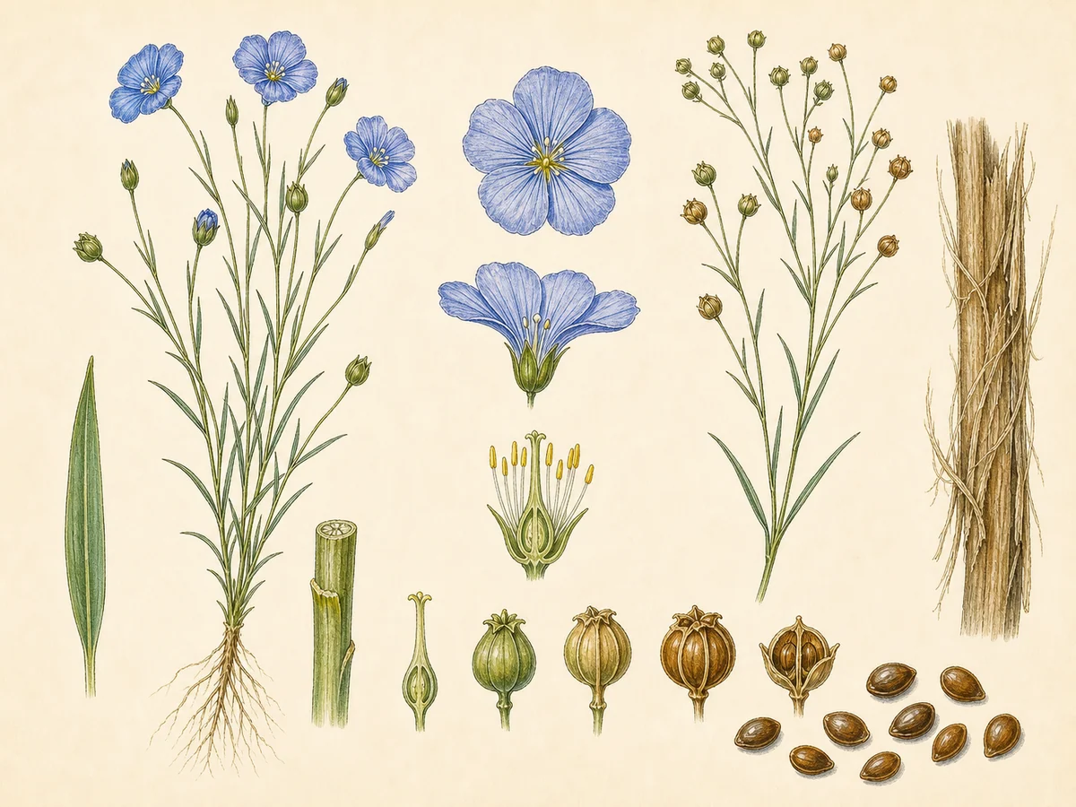 Prancha botânica complementar de Linho (Linum usitatissimum) com caracteres de identificação e ciclo de vida