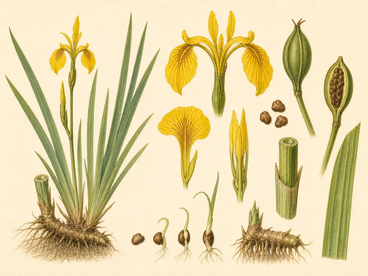 Prancha botânica complementar de Lírio-amarelo-dos-pântanos (Iris pseudacorus) com caracteres de identificação e ciclo de vida