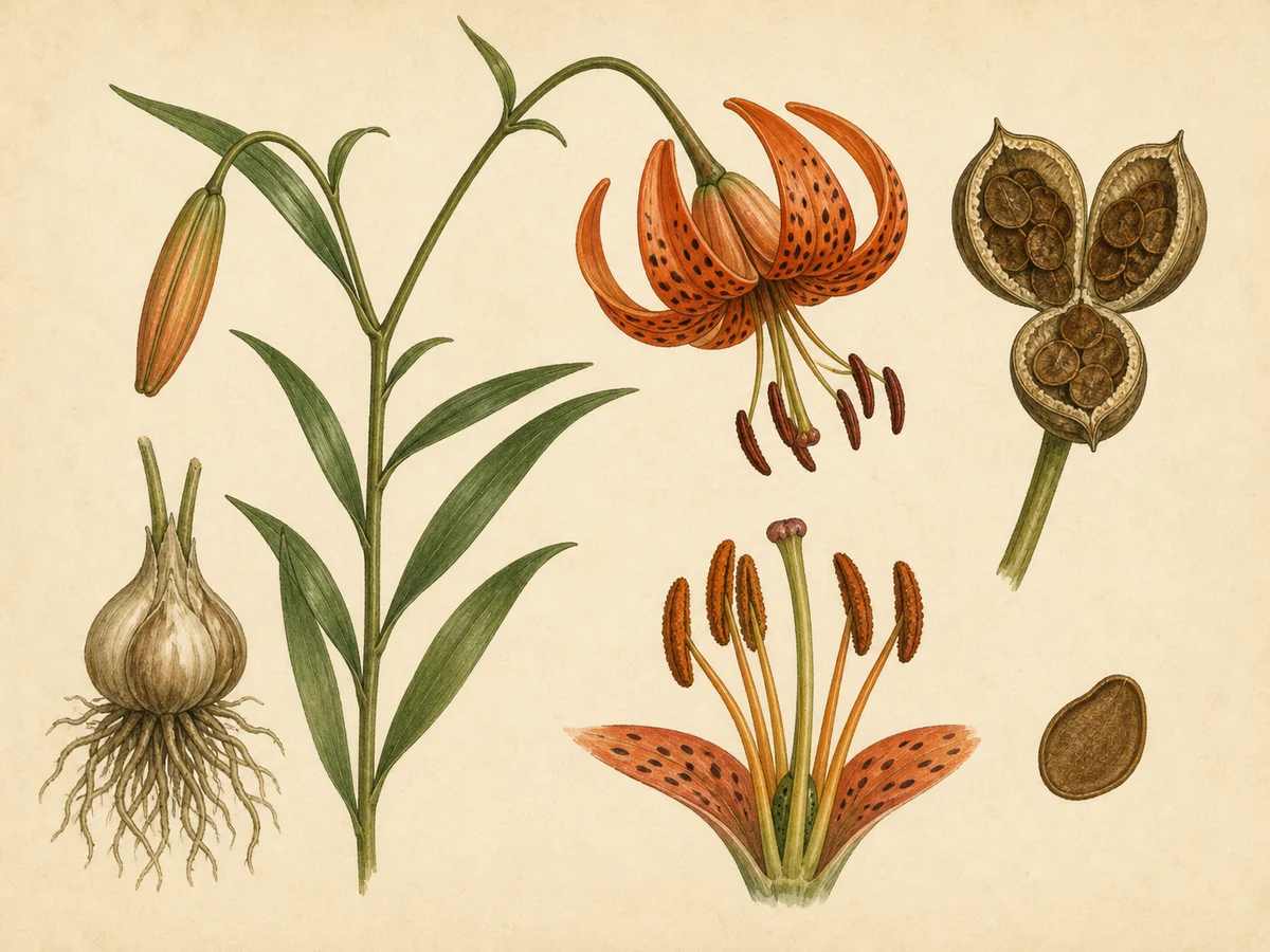 Prancha botânica complementar de Lírio-da-Dáuria (Lilium pensylvanicum) com caracteres de identificação e ciclo de vida