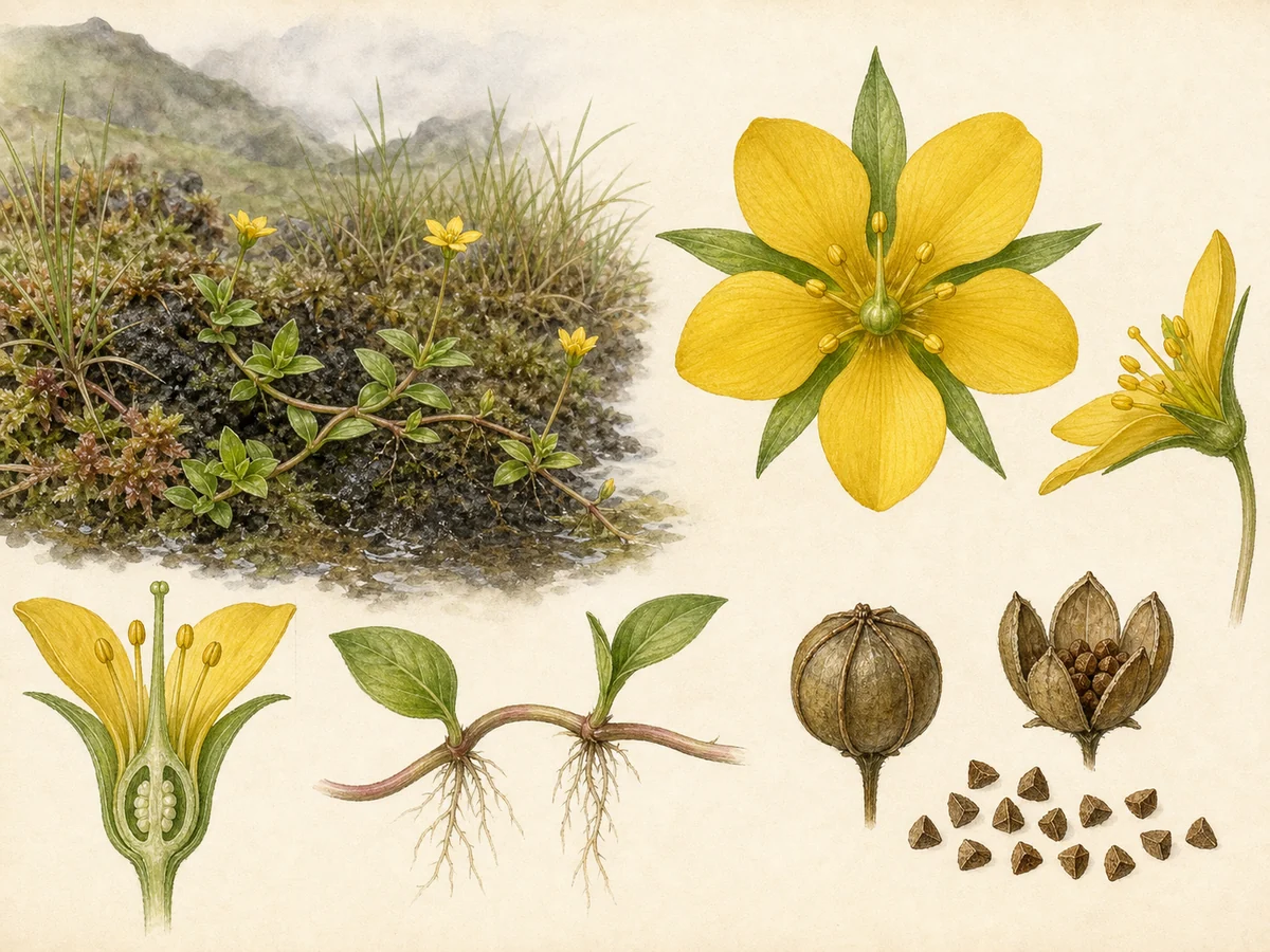 Prancha botânica complementar de Lisimáquia-dos-Açores (Lysimachia azorica) com caracteres de identificação e ciclo de vida