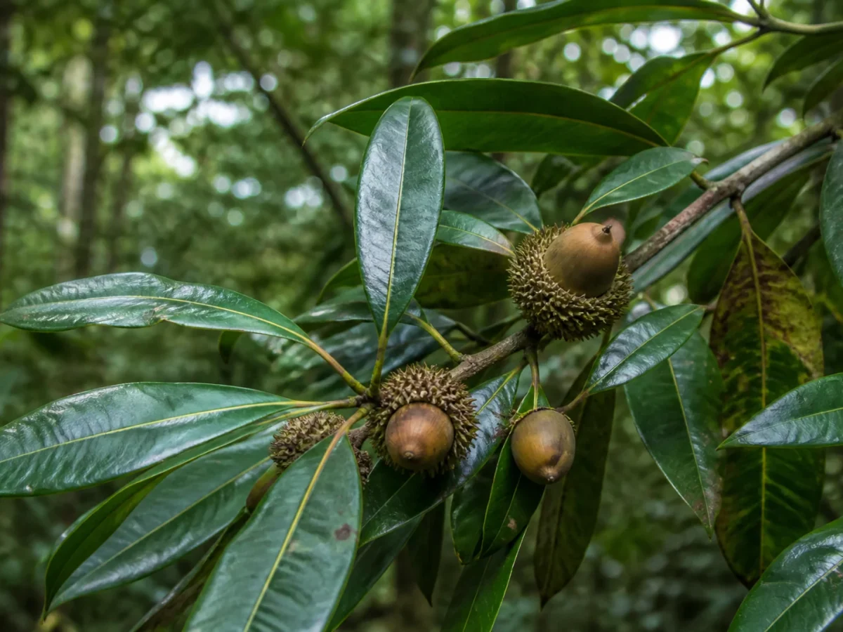Prancha botânica complementar de Litocarpo-de-Hance (Lithocarpus hancei) com caracteres de identificação e ciclo de vida