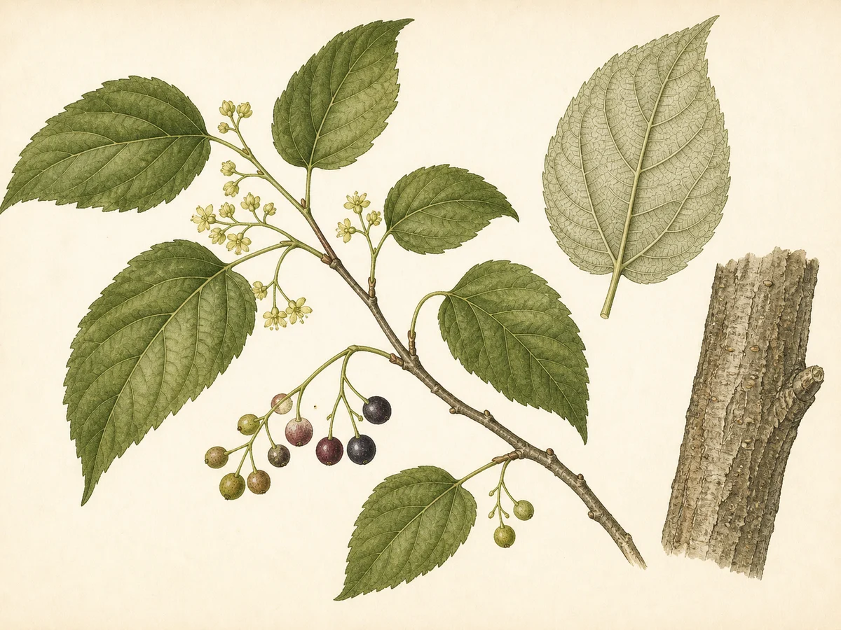 Prancha botânica complementar de Lódão-bastardo (Celtis australis) com caracteres de identificação e ciclo de vida