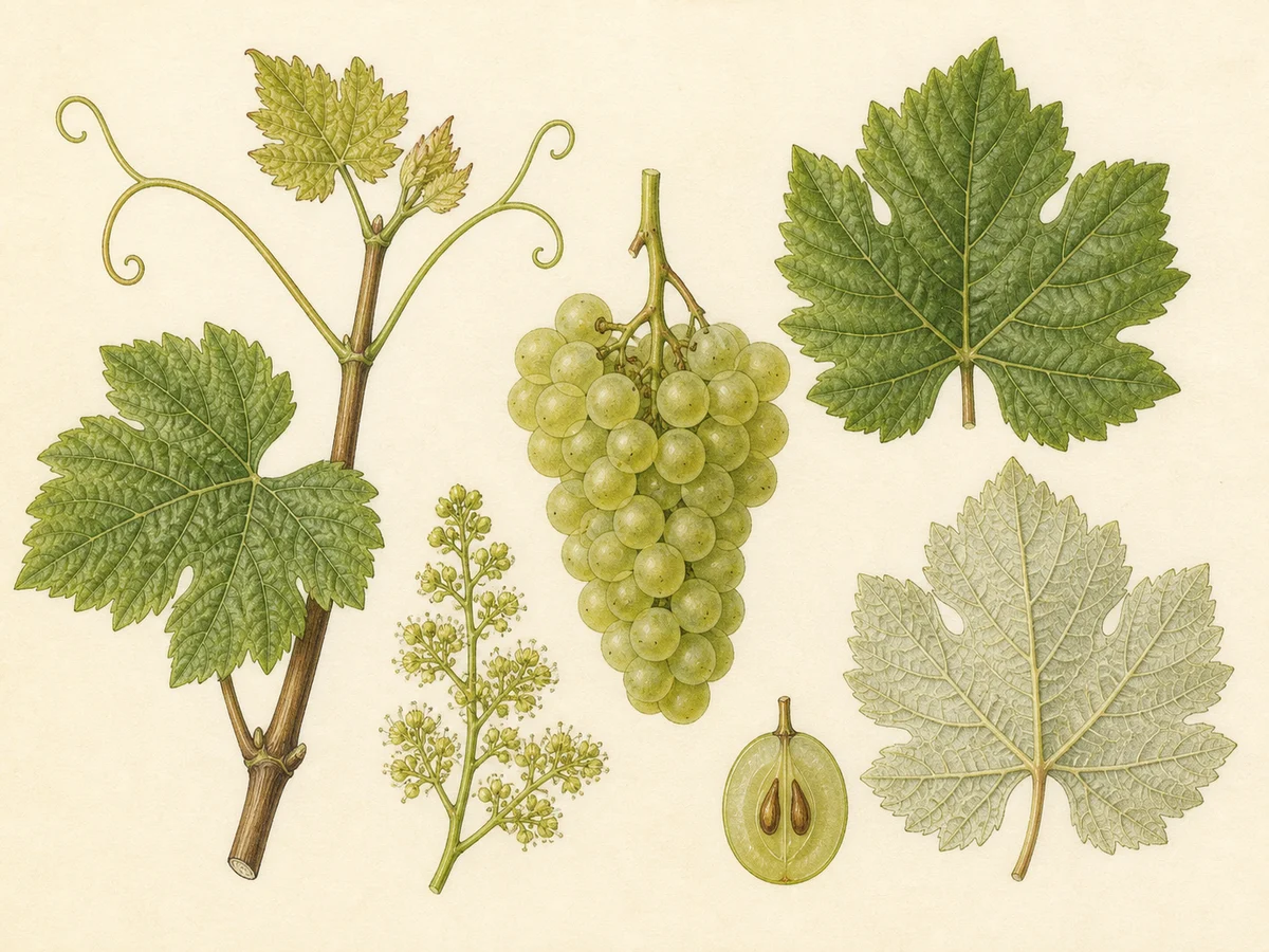 Prancha botânica complementar de Videira Loureiro (Vitis vinifera 'Loureiro') com caracteres de identificação e ciclo de vida
