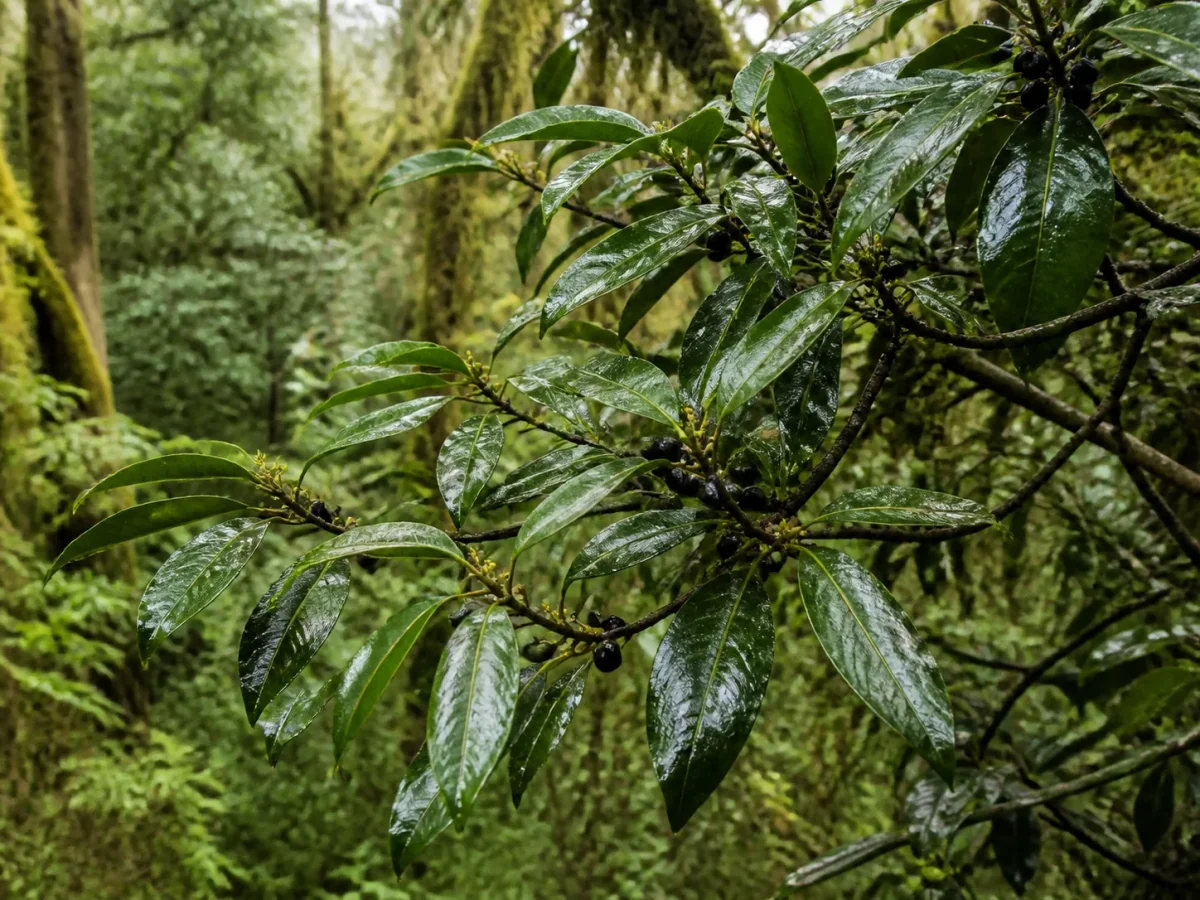 Prancha botânica complementar de Loureiro-da-Madeira (Laurus novocanariensis) com caracteres de identificação e ciclo de vida