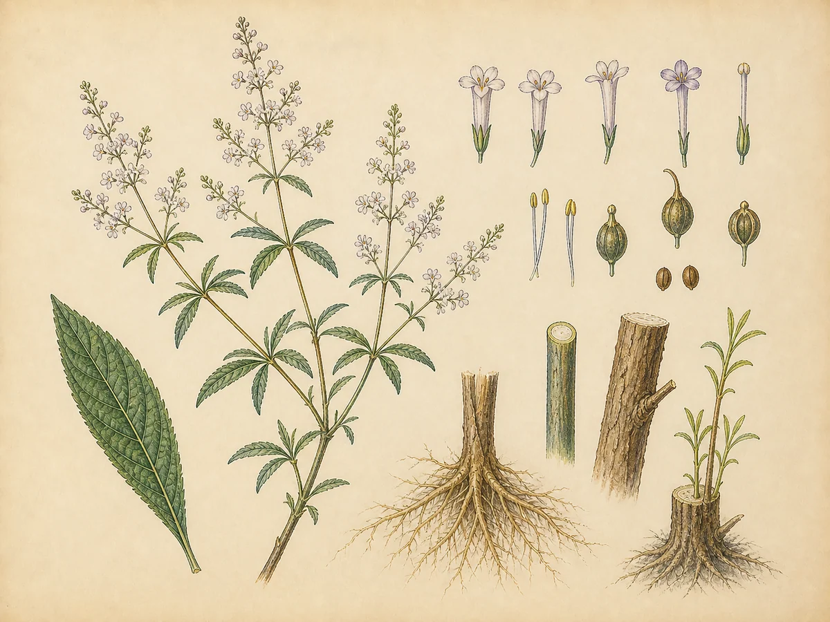 Prancha botânica complementar de Lúcia-lima (Aloysia citrodora) com caracteres de identificação e ciclo de vida