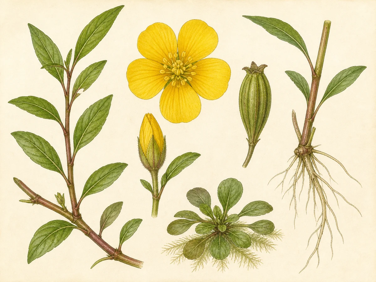 Prancha botânica complementar de Ludvígia-de-flor-grande — não plantar (Ludwigia grandiflora) com caracteres de identificação e ciclo de vida