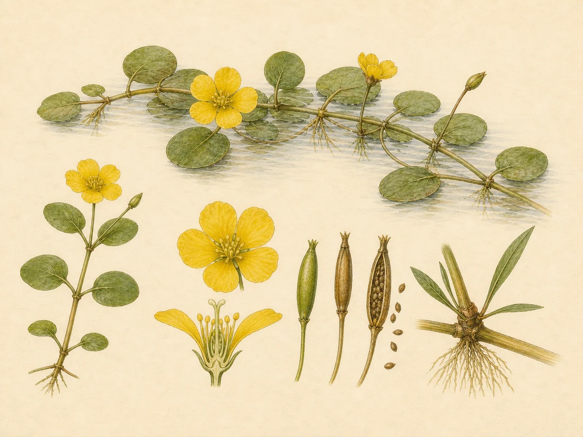 Prancha botânica complementar de Ludvígia-flutuante — não plantar (Ludwigia peploides) com caracteres de identificação e ciclo de vida