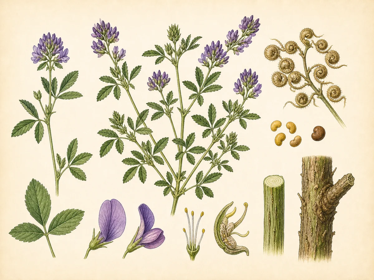 Prancha botânica complementar de Luzerna (Medicago sativa) com caracteres de identificação e ciclo de vida