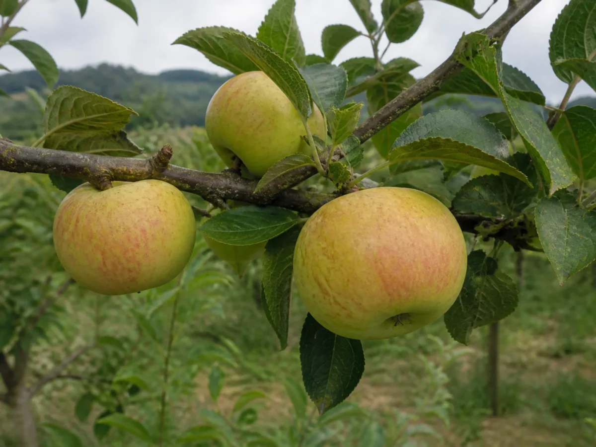 Prancha botânica complementar de Macieira Camoesa de Coura (Malus domestica 'Camoesa de Coura') com caracteres de identificação e ciclo de vida